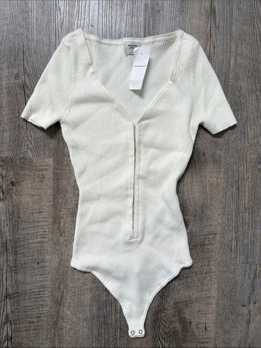 Abercrombie & Fitch Ivory Ribbed V-Neck Zip Bodysuit